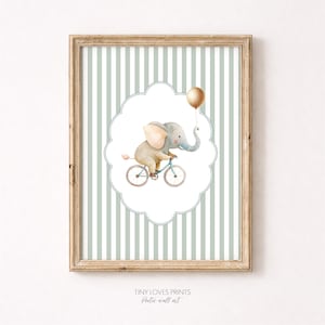 Affiche Éléphant Vélo Ballon Vintage, Poster Chambre Bébé Vert Sauge, Décoration Nursery Animale Douce, Baby Animal Wall Art Printable