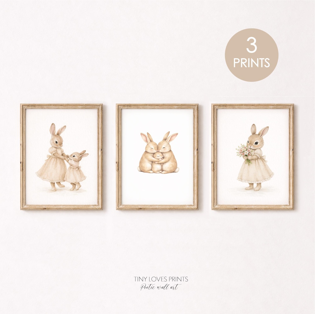 Bunny Nursery Wall Art Set of 3, Vintage Rabbit Nursery Decor, Neutral ...