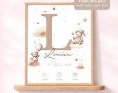 Affiche Naissance Personnalisée Initiale & Ourson, Poster Bébé Vintage Mixte, Nursery Wall Art Neutral, Printable Birth Poster