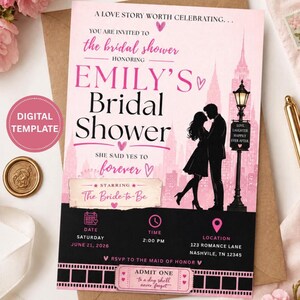May include: A pink and black bridal shower invitation template featuring a silhouette of a couple standing by a street lamp against a city skyline. The text includes A LOVE STORY WORTH CELEBRATING, EMILY'S Bridal Shower, SHE SAID YES TO forever, and details for date, time, and location.