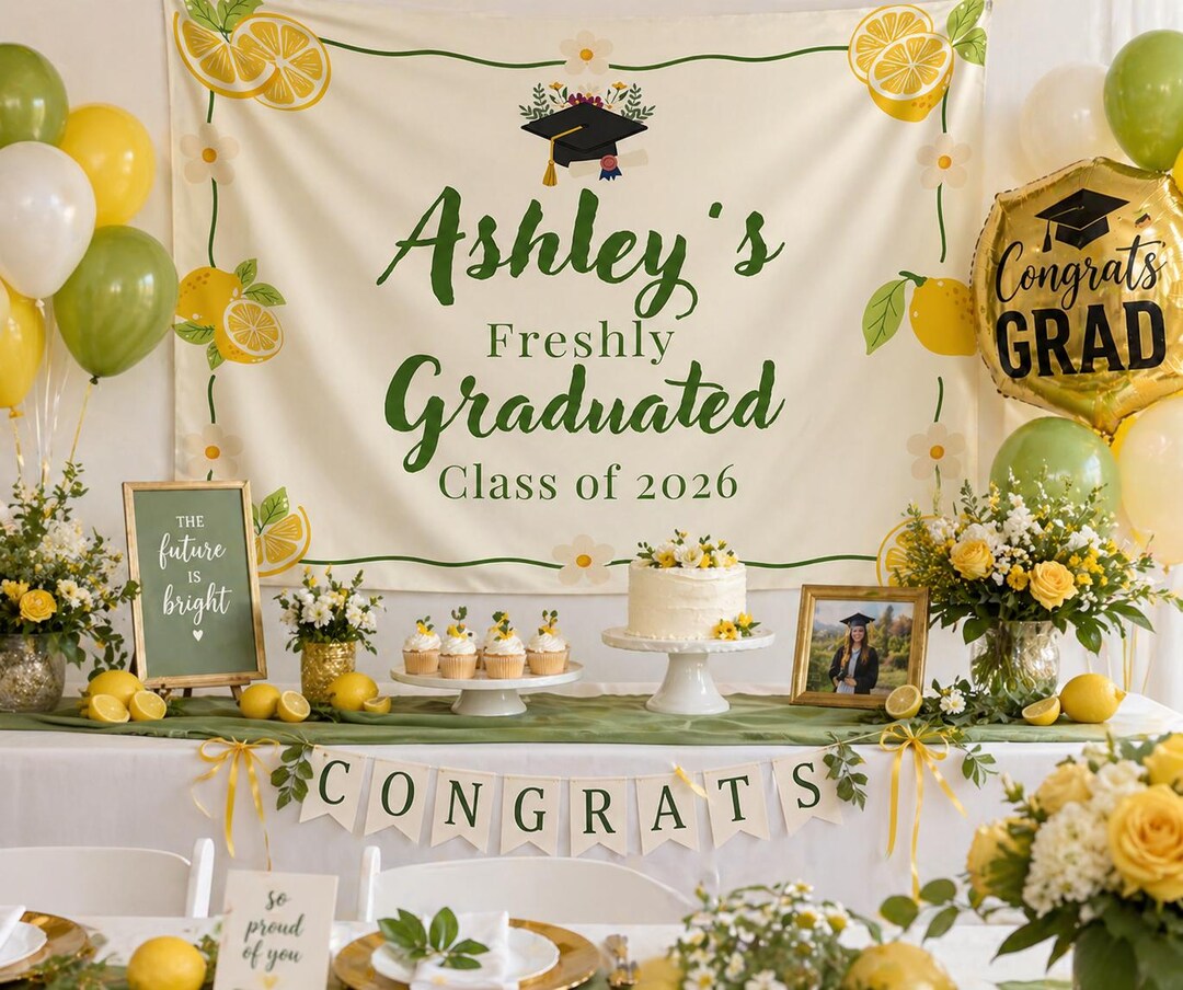 Lemon Grad Backdrop Freshly Graduated Banner, Lemon Graduation Tapestry, Class of 2026 ...