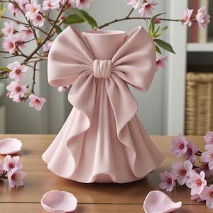 Puede incluir: Un jarrón de cerámica rosa claro mate con un gran detalle de lazo esculpido en el cuello y una base acampanada y plisada. El jarrón tiene un acabado liso y uniforme y una amplia abertura en la parte superior para arreglos florales.