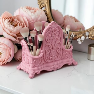 Organizer da scrivania decorato rosa, portapenne e portaspazzole, portaoggetti per il trucco