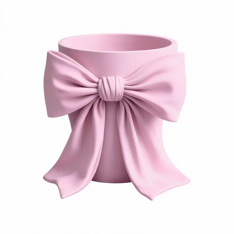 May include: A light pink ceramic planter with a large bow detail. The bow is the same color as the planter and wraps around the front of the pot. The planter has a round opening at the top.