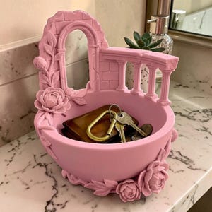 Rosa blommig balkonglåda, romantisk sminkfack, smyckeskål i Cottagecore, dekorativ skrivbordslåda, kruka för älvträdgård