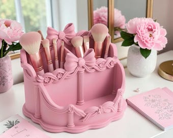 Pink Bow Desk Organizer, Coquette Vanity Organizer, Makeup Brush Holder, Rococo Desk Accessories, Feminine Office Decor, Cute Pen Holder