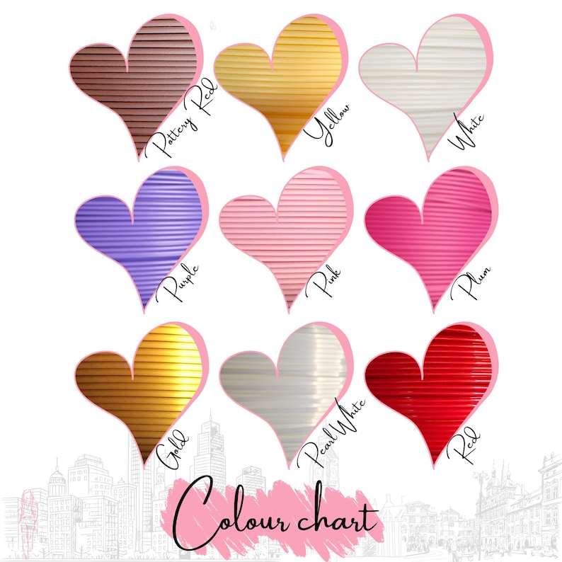 May include: A color chart featuring nine heart-shaped designs in various colors, including Pottery Red, Yellow, White, Purple, Pink, Plum, Gold, Pearl White, and Red. Each heart has a textured, striped pattern. The words "Colour chart" are written below.