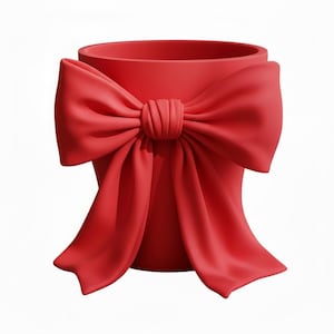 May include: A vibrant red vase with a large bow detail. The bow is centered on the vase and adds a decorative element. The vase is cylindrical with a smooth surface, perfect for displaying flowers or as a decorative piece.