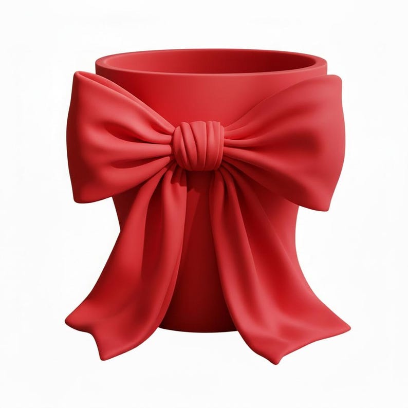 May include: A vibrant red vase with a large bow detail. The bow is centered on the vase and adds a decorative element. The vase is cylindrical with a smooth surface, perfect for displaying flowers or as a decorative piece.