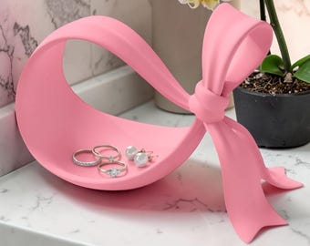 Rosa Schleifentablett, Schmucktablett Kokette, Femininer Eingangsbereich Catchall Tablett, niedlicher Eitelkeitsorganisator, Bogenringschale, Schlüsselhaltertablett, rosa Dekor