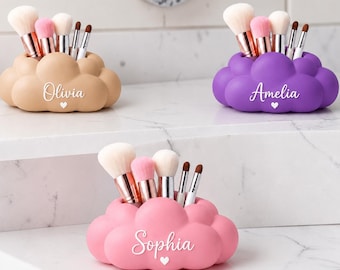 Personalisierter Wolken-Make-up-Pinselhalter, individueller Name-Vanity-Organizer, rosa Make-up-Pinselaufbewahrung, ästhetischer Make-up-Organisator, Schönheitsraum