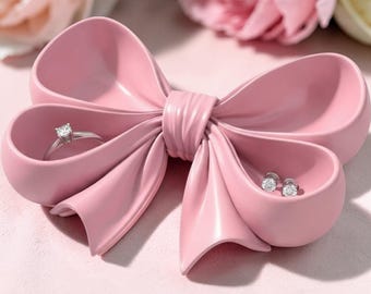 Pink Bow Jewelry Dish, Feminine Vanity Organizer Tray, Coquette Decor
