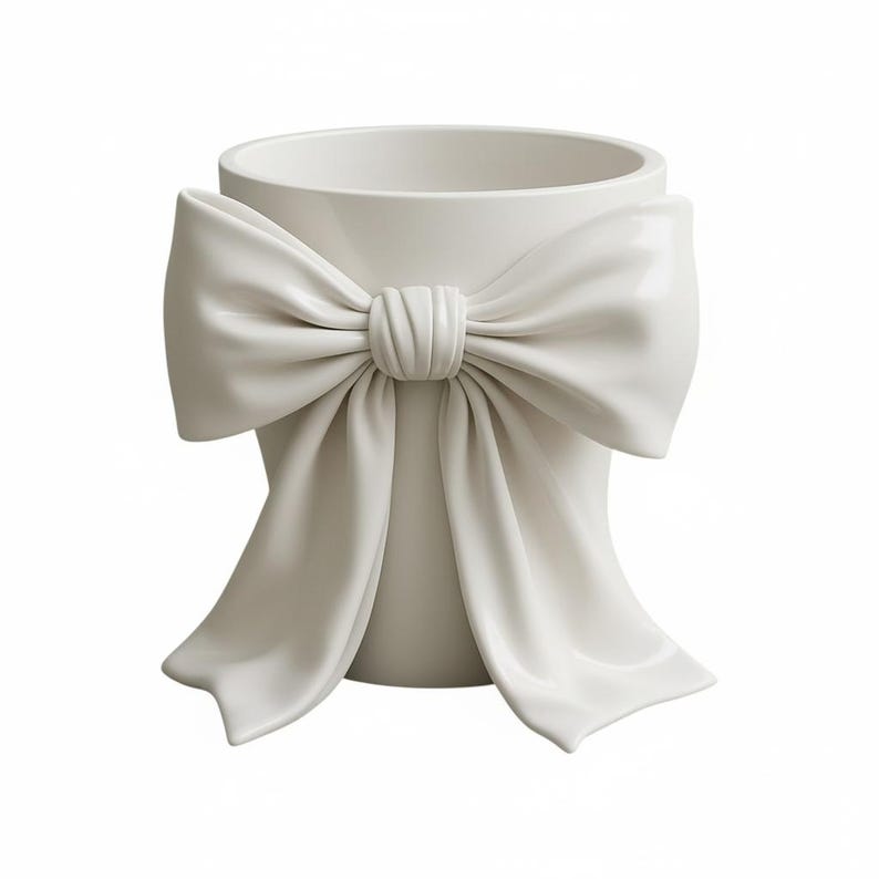 May include: A white ceramic vase with a large, sculpted bow detail. The bow is centered on the vase and has flowing ribbons. The vase has a cylindrical shape and a smooth, glossy finish. The overall design is elegant and decorative.