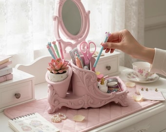 Pink Rococo Desk Organizer, Baroque Vanity Storage, Feminine Office Decor