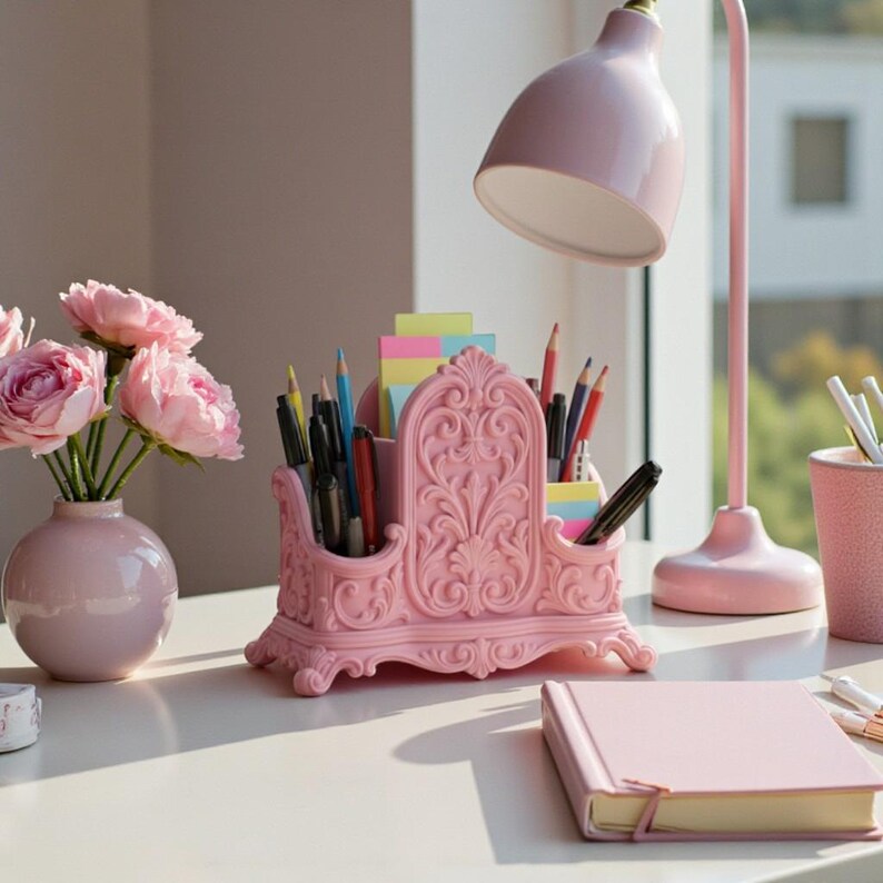 Pink Desk Rack Pink Ornate Desk Organizer, Pen and Brush Holder, Vanity Storage - Etsy