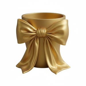 May include: A gold-colored decorative planter with a large bow design. The bow is made of a silky material and wraps around the planter. The planter has a smooth, metallic finish and a round opening.