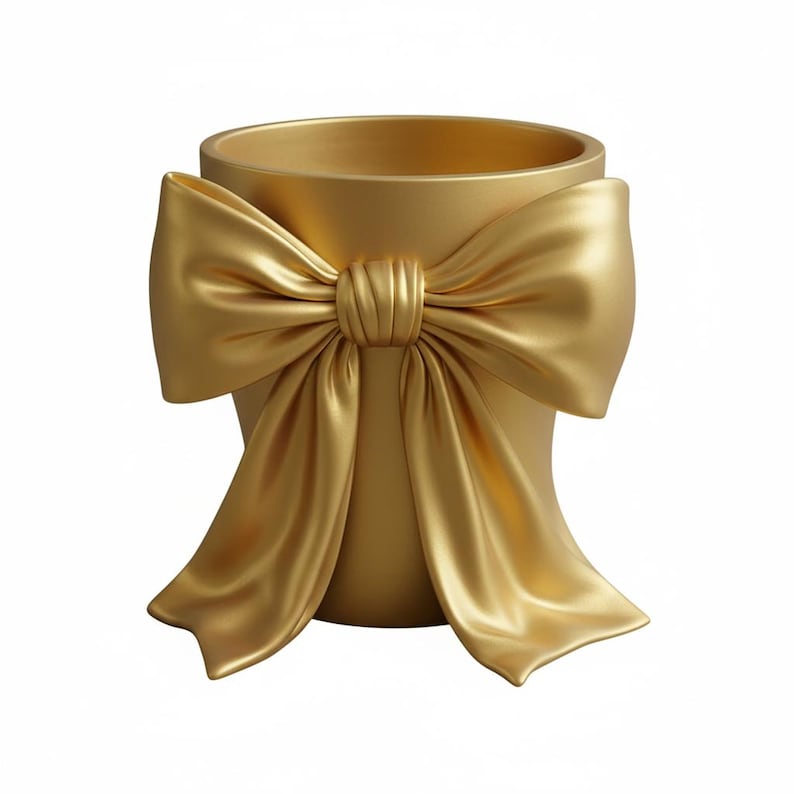 May include: A gold-colored decorative planter with a large bow design. The bow is made of a silky material and wraps around the planter. The planter has a smooth, metallic finish and a round opening.