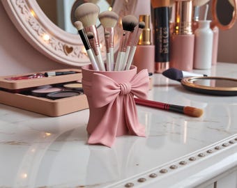 Pink Bow Makeup Brush Holder, Feminine Vanity Organizer