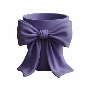 May include: A lavender-colored decorative planter with a large bow detail. The bow is centered on the front of the planter and has flowing fabric ends. The planter has a cylindrical shape and is made of a smooth material.