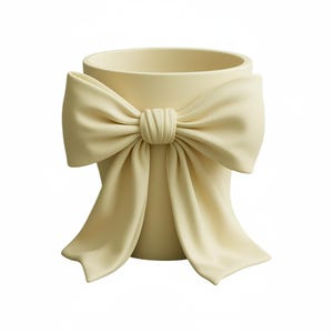 May include: A cream-colored decorative vase with a large bow design. The bow is centered on the vase and has flowing fabric-like details. The vase has a cylindrical shape with a wide opening.