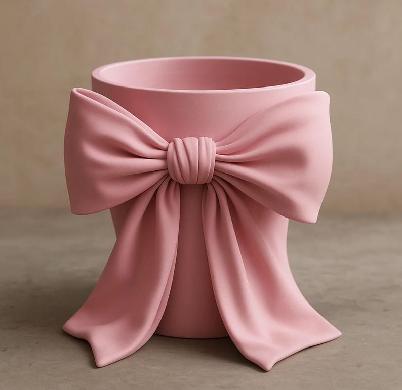 May include: A pink planter with a large bow design. The bow is the same color as the planter and wraps around the front of the pot. The planter has a round opening at the top and is made of a smooth material.