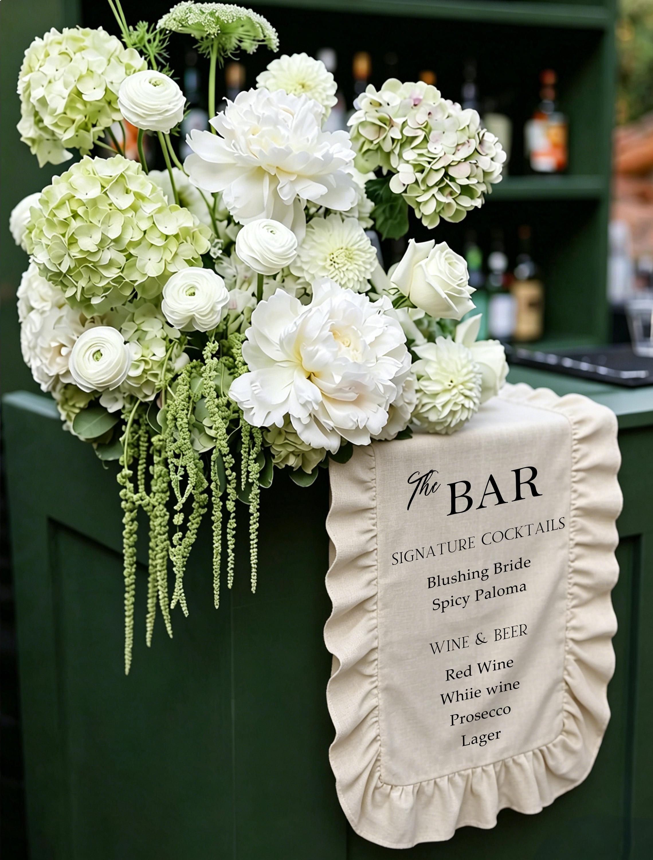 Custom Wedding Bar Menu Runner, Ruffled Satin Drink Menu Sign ...