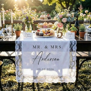 Op de afbeelding: Een bruilofttafel met een witte kanten loper, bloemstukken en desserts. Op de loper staat "MR. & MRS. Anderson" en de datum 05.08.2026. De tafel is versierd met bloemen, kaarsen en couverts voor een feest.