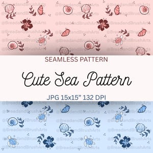 Può includere: Un motivo senza cuciture con creature marine ed elementi floreali. Il motivo include conchiglie, tartarughe e fiori di ibisco in tonalità rosa e blu. Il testo "Cute Sea Pattern" è visualizzato in corsivo.
