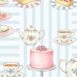 Peut inclure: Illustration à l'aquarelle d'un motif sans couture sur le thème du goûter. Le motif comprend des tasses à thé, des théières, des plateaux à étages avec des sandwichs et des pâtisseries, et un gâteau rose avec des roses. Le fond a des rayures verticales bleues et blanches.