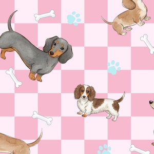 Puede incluir: Ilustración en acuarela de perros salchicha, huesos y huellas de patas sobre un fondo a cuadros rosa y blanco. Los perros están representados en varias poses y colores, creando un diseño lúdico.