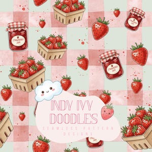 Strawberry Jam Seamless Pattern – Whimsical Kids Fabric (Digital Download) - sage green & pink gingham