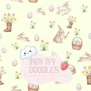 以下が含まれることがあります： イースターをテーマにしたシームレスパターンデザイン。ウサギ、子羊、装飾された卵、ブーツに入った花、バスケット、かわいい雲が含まれています。「INDY IVY DOODLES」の文字がピンクの楕円で表示され、その下に「SEAMLESS PATTERN DESIGNS」と表示されています。