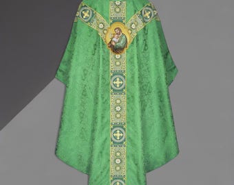 Vestimenta católica de San José y el Niño Jesús con estola a juego, artículos litúrgicos.