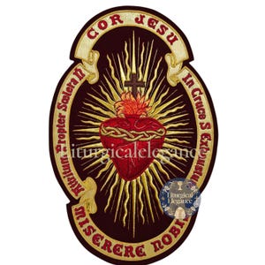 Sacred Heart of Jesus Hand Embroidered Catholic Applique | Large Goldwork Vestment Patch on Red Velvet | Traditional Liturgical Embroidery
