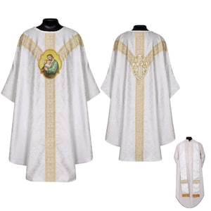 Casulla blanca con aplique de San José y el Niño Jesús / Aplique bordado a mano e impreso / Tela de damasco con orfres dorados