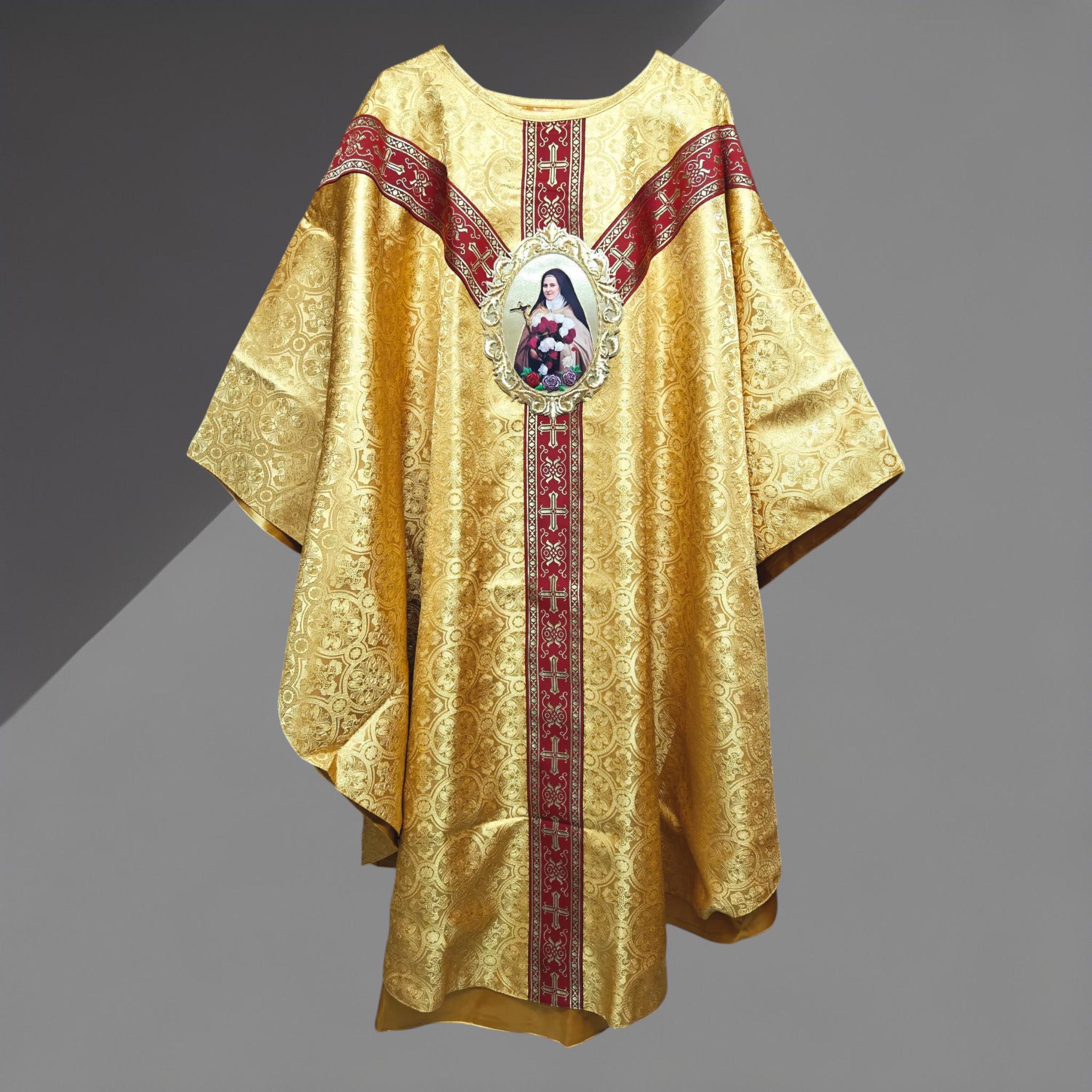 Gold Damask Chasuble With St. Therese of Lisieux Appliqué Catholic ...