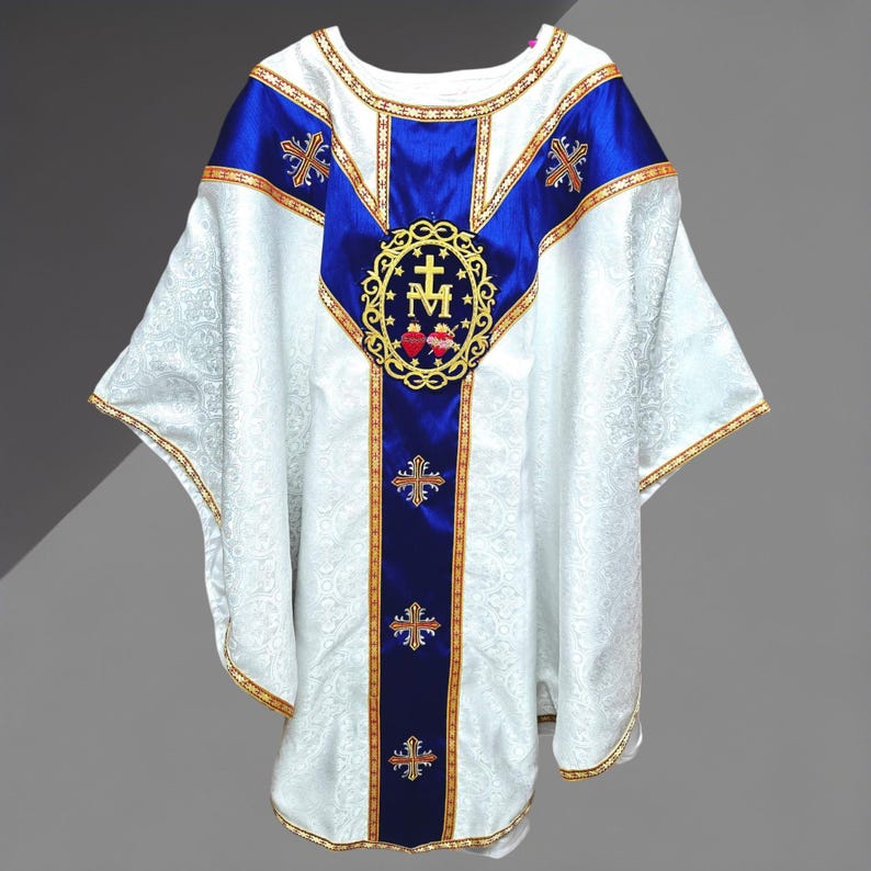 White Gothic Chasuble With Marian Applique Damask Fabric Vestment for ...