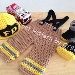 CROCHET PATTERN, 3 Month Size, Baby Firefighter Fireman Hat, Pants, Suspenders & Boots