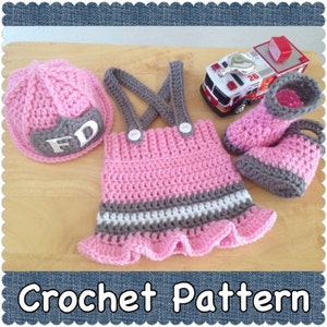 CROCHET PATTERN 6 Month Size Baby Fireman Firefighter Hat, Skirt and Boots, Photography Prop, Baby Shower Gift