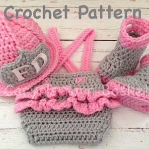 CROCHET PATTERN, Newborn Size, Baby Girl Firefighter Fireman Hat, Ruffled Diaper Cover, Suspenders & Boots