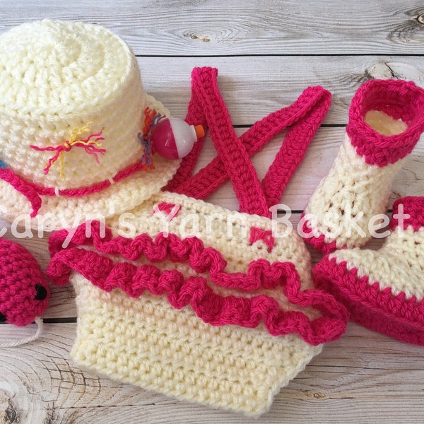 CROCHET PATTERN, Newborn Size, Baby Girl Fishing Hat, Ruffled Diaper Cover, Suspenders, Boots & Fish