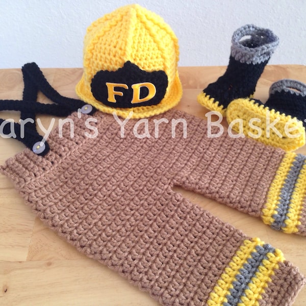 CROCHET PATTERN, 6 Month Size, Baby Firefighter Fireman Hat, Pants, Suspenders & Boots