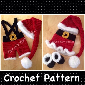 TWO CROCHET PATTERNS Baby Santa's Lil Helper, Mrs. Santa 4 pc Santa Skirt Set Elf Stocking Hat & Boots Set Photography Prop Newborn Size