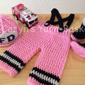 CROCHET PATTERN, Newborn Size, Baby Girl Firefighter Fireman Hat, Pants, Suspenders & Boots