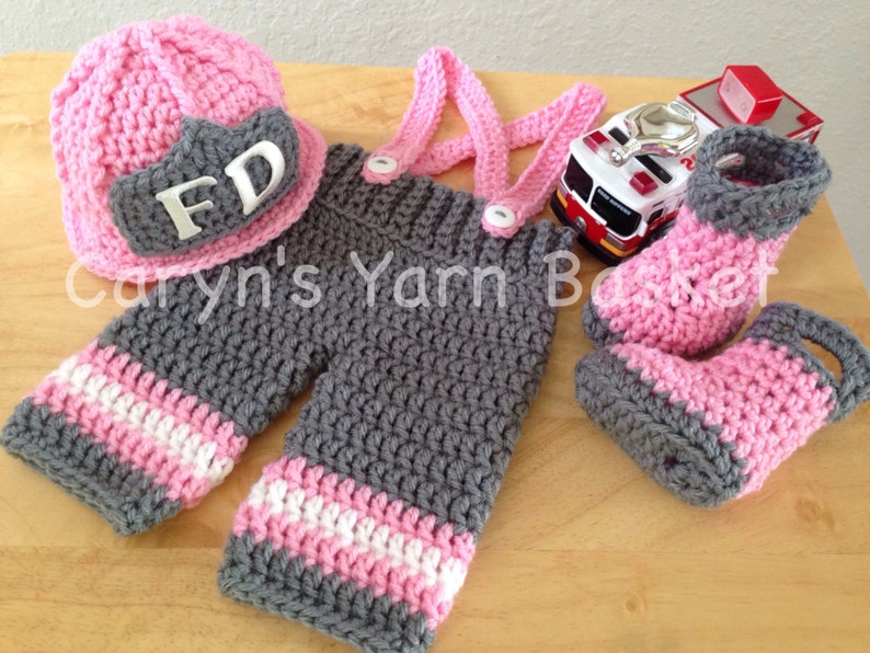 Baby Girl Firefighter Fireman Crochet Hat Outfit, 4 pc Turn Out Baby Girl Firefighter Fireman Crochet Hat Outfit, 4 pc Turn Out