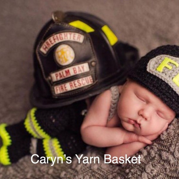 CROCHET PATTERN, Newborn Size, Baby Firefighter Fireman Hat, Pants, Suspenders & Boots Photography Prop