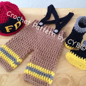 CROCHET PATTERN, Newborn Size, Baby Firefighter Fireman Hat, Pants, Suspenders & Boots