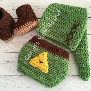 HÄKELMUSTER Neugeborenen Größe Legend of Zelda Link Crochet Elfen Hut und Windel Cover Set mit Stiefeln, Fotografie Prop