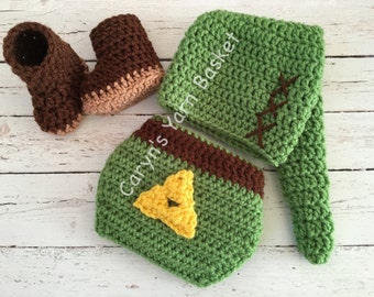 CROCHET PATTERN Newborn Size Legend of Zelda Link Crochet Elf Hat and Diaper Cover Set with Boots, Photography Prop