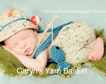 CROCHET PATTERN Newborn Baby Fishing/Fisherman Set - Fishing Hat, Shorts w/Suspenders, Boots & Fish Photography Prop